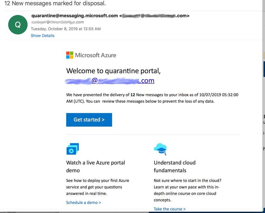 Email de phishing Microsoft Azure