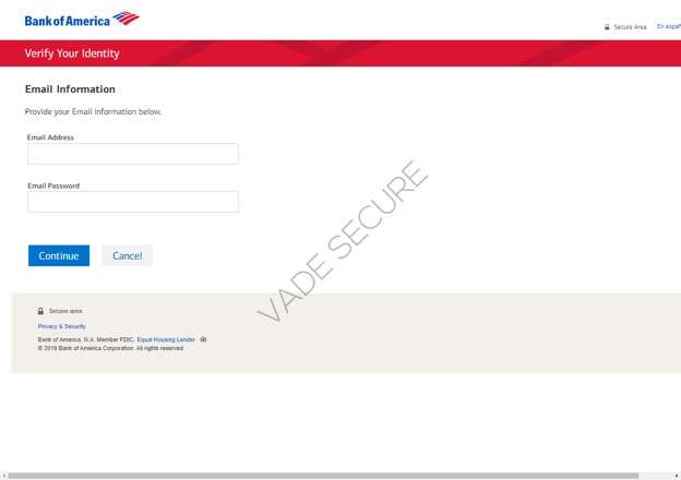 phishing pages impersonating Bank of America