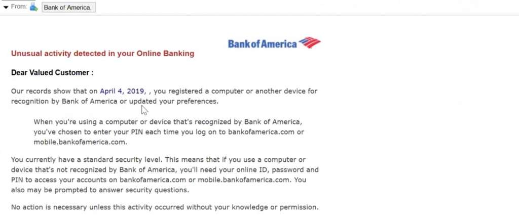 Bank of Americaのフィッシング