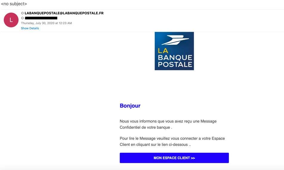 Phishing avec notification par e-mail de La Banque Postale
