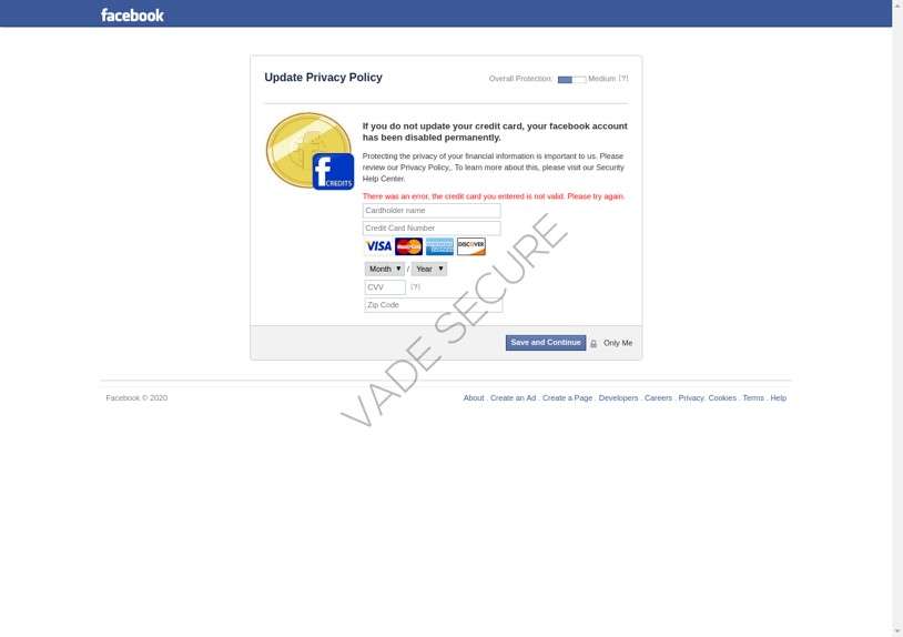 Page de phishing Facebook visant à récupérer des données de carte bancaire