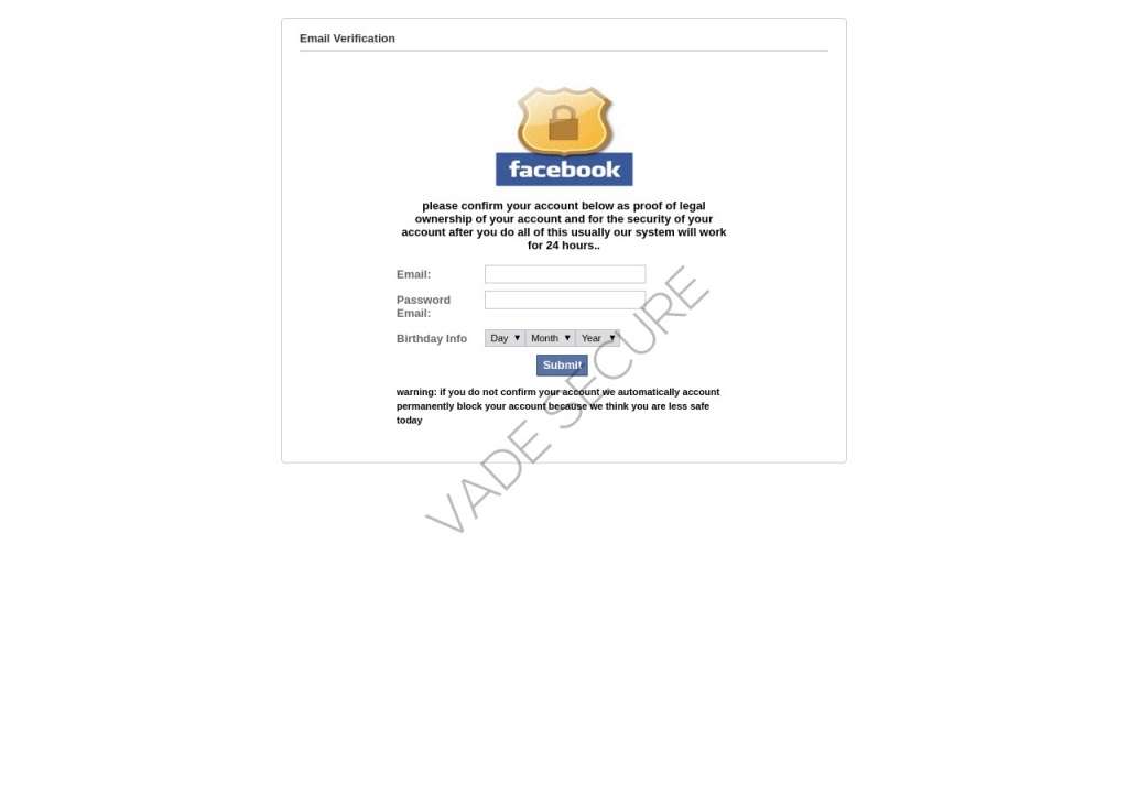 Page de phishing demandant la vérification de l’adresse email utilisée sur Facebook