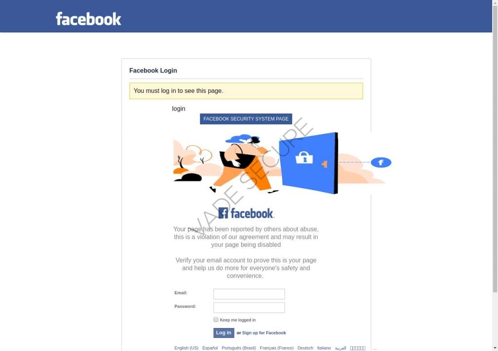 Page de phishing d’utilisation abusive Facebook