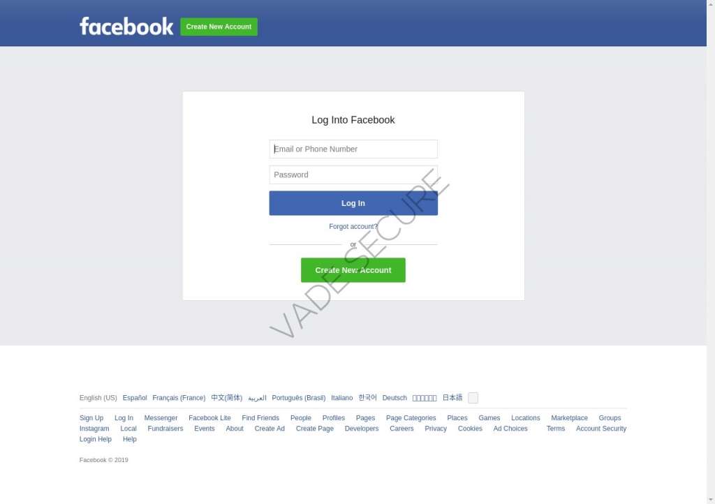 Page de phishing sur Facebook