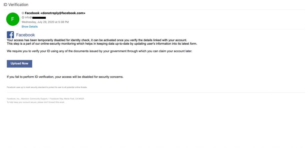 Facebook identity check phishing