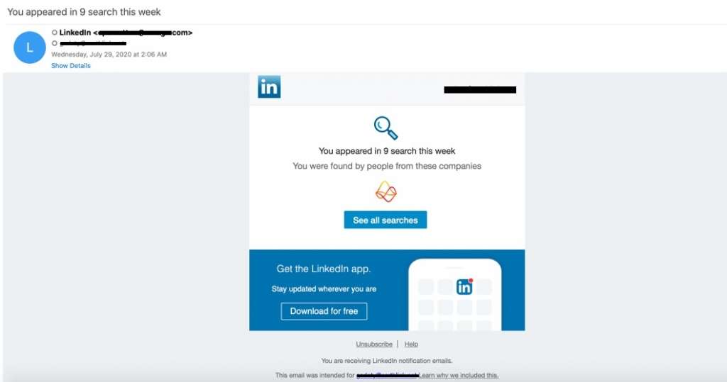 LinkedIn phishing email