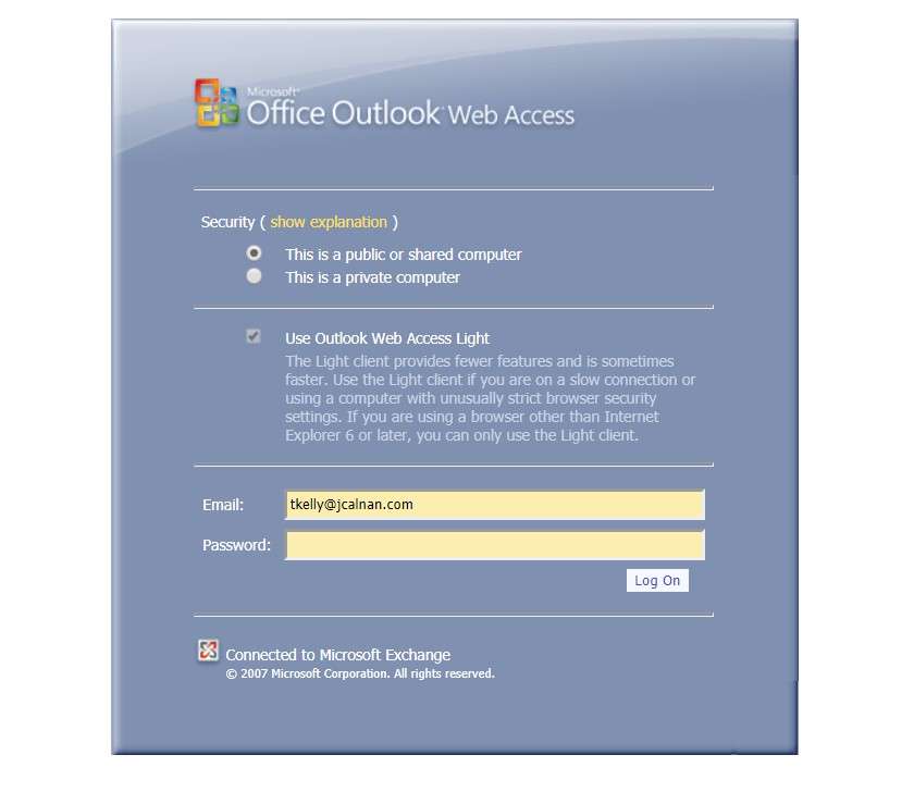 Outlook Web Access login page