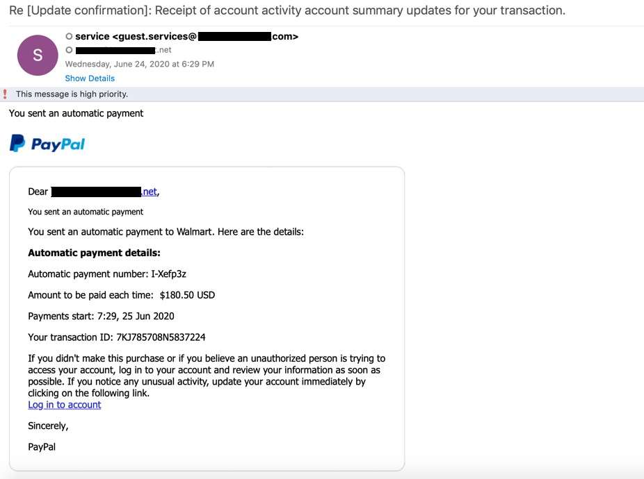 PayPal account receipt phishing