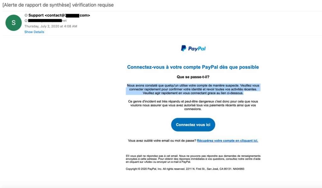 PayPalの不審な行動フィッシングメール
