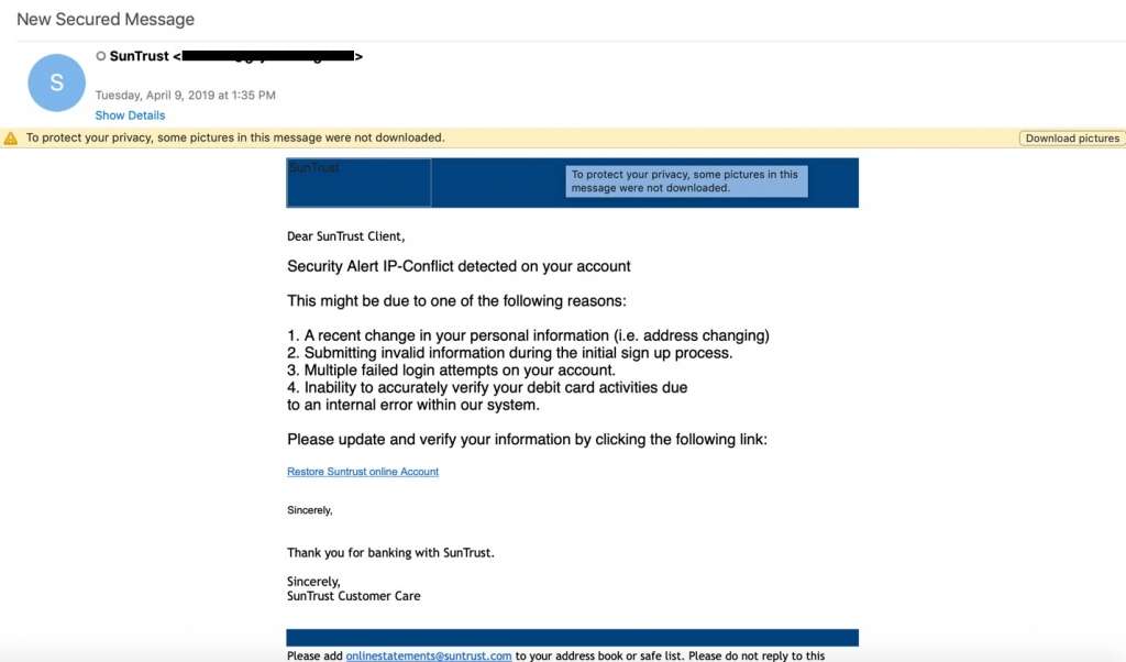 Email de phishing SunTrust