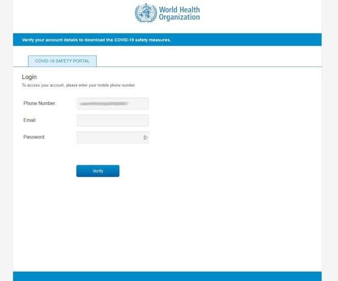 WHO phishing page