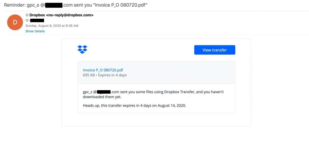 Dropbox phishing email