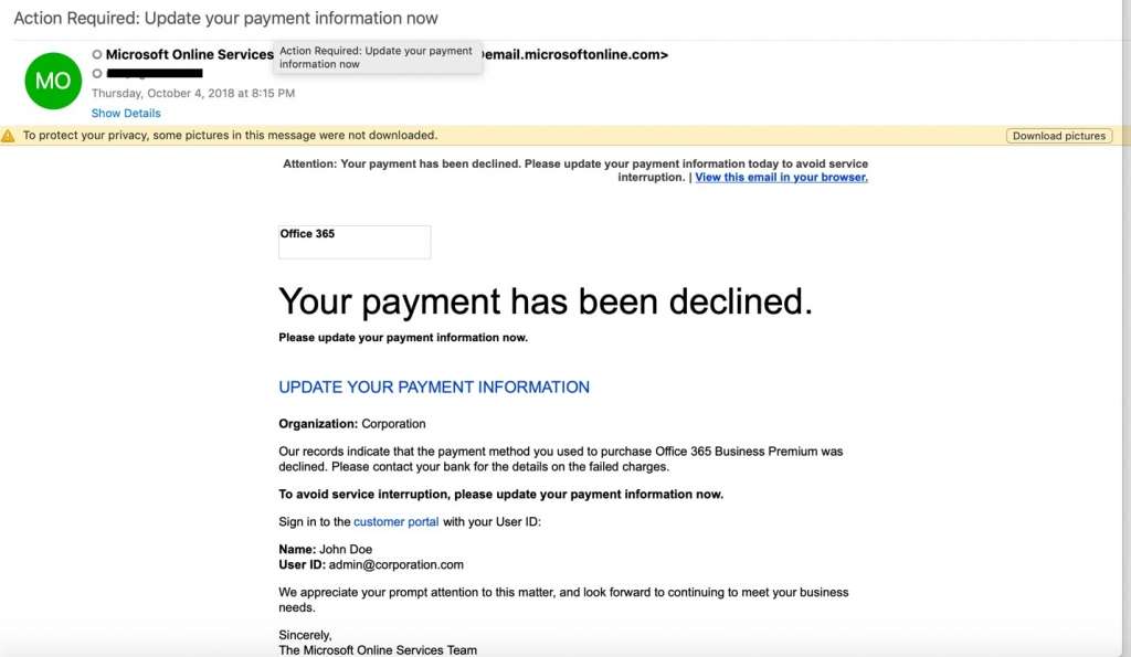 Email de phishing semblant provenir de Microsoft et demandant la mise à jour du mode de paiement